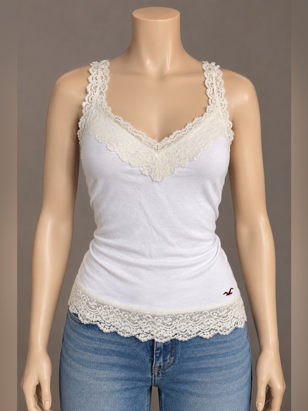 Hollister Y2K M Ivory Lace Trim Cami Tank Top Vintage 2000s Fitted Coquette